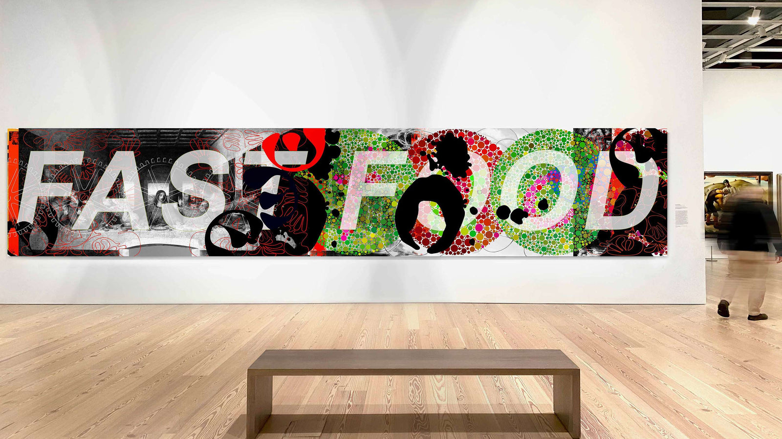 Robert Santoré FAST FOOD 60 x 306in (152.4 x 777.24cm) |  Oil, oil stick, military & industrial enamels, aluminum shapes on birch panel with micro-layer clay ground