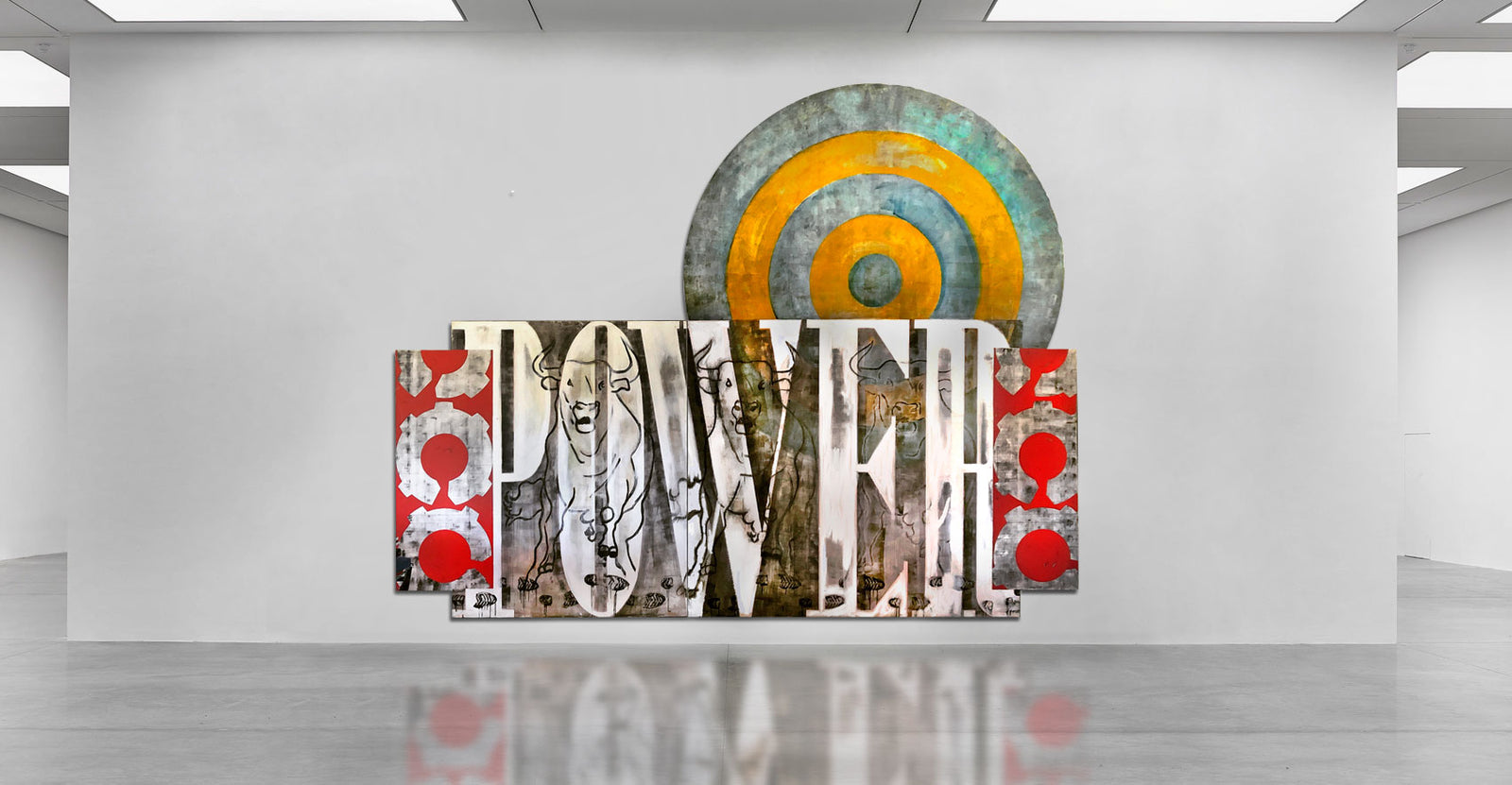 Robert Santoré BULL MARKET 1988 60 x 126 X 120in (152.4 x 320.04 x 304.8cm)| Oil, oil stick, industrial enamels, roofing tar, bees wax and encaustic, solvent-transfer, newsprint, chalk & charcoal on birch panels w/14ct gold chain & galvanized nail