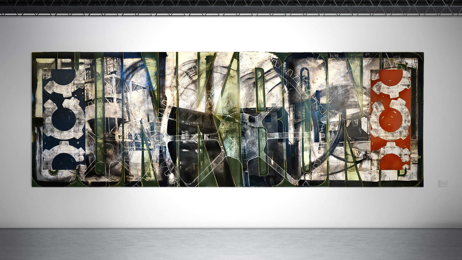 Robert Santoré HIGH YEIELD, JUNKBOND ©1989 60 x 276in (152.4 x 548.64cm) |  Oil, oil stick, military & industrial enamels, roofing tar, bird shit, solvent-transfer, newsprint, chalk & charcoal on canvas on birch panels
