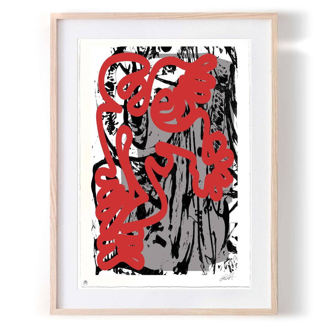 Berlin Wall 2021 Red/Gray No 1 by Robert Santore ©2021. Framed, Hand painted artist wood block print, hand printed on the finest archival hot press cotton rag oil paper with hand torn edges. Painted in the Texas studio.