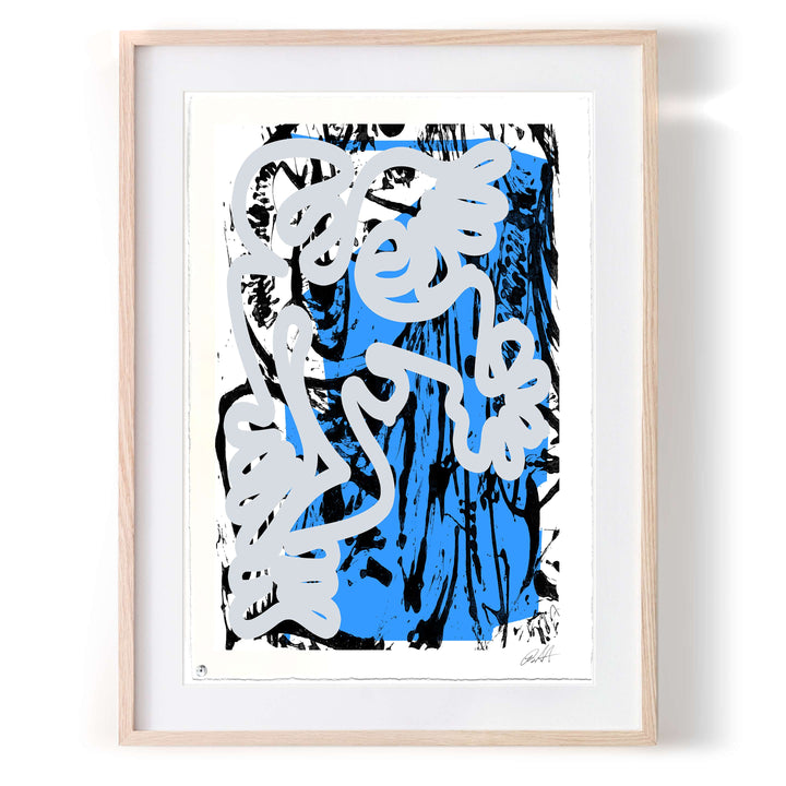 Berlin Wall 2021 Light Blue/ Blue No 1 by Robert Santore ©2021. Framed, Hand painted artist wood block print, hand printed on the finest archival hot press cotton rag oil paper with hand torn edges. Painted in the Texas studio.