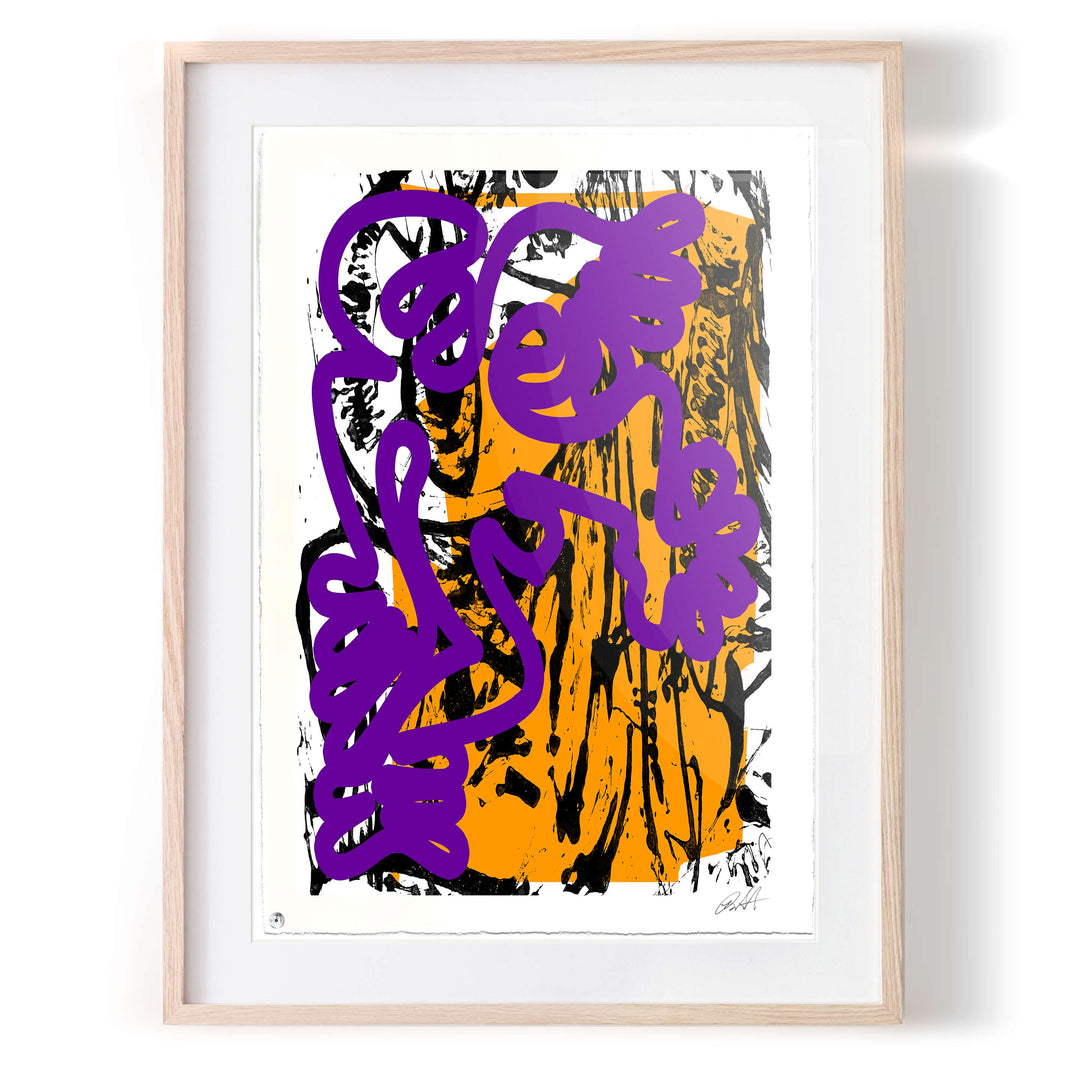 Berlin Wall 2021 Violet/Yellow No 1 by Robert Santore ©2021. Framed, Hand painted artist wood block print, hand printed on the finest archival hot press cotton rag oil paper with hand torn edges. Painted in the Texas studio.