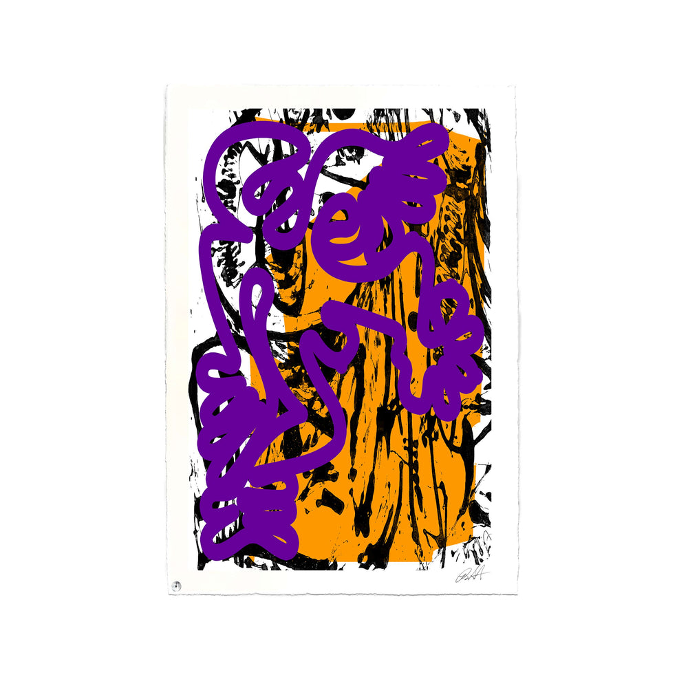 Berlin Wall 2021 Violet/Yellow No 1 by Robert Santore ©2021. Framed, Hand painted artist wood block print, hand printed on the finest archival hot press cotton rag oil paper with hand torn edges. Painted in the Texas studio.