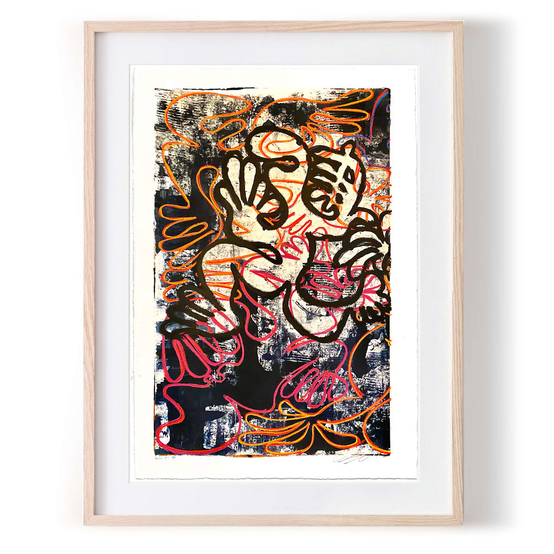 Techno Kava Dancer No1 by Robert Santore ©2020. Framed, hand painted artist proof monoprint, watercolor and gouache on the finest archival hot press cotton rag paper with hand torn edges. Available as a limited edition giclée