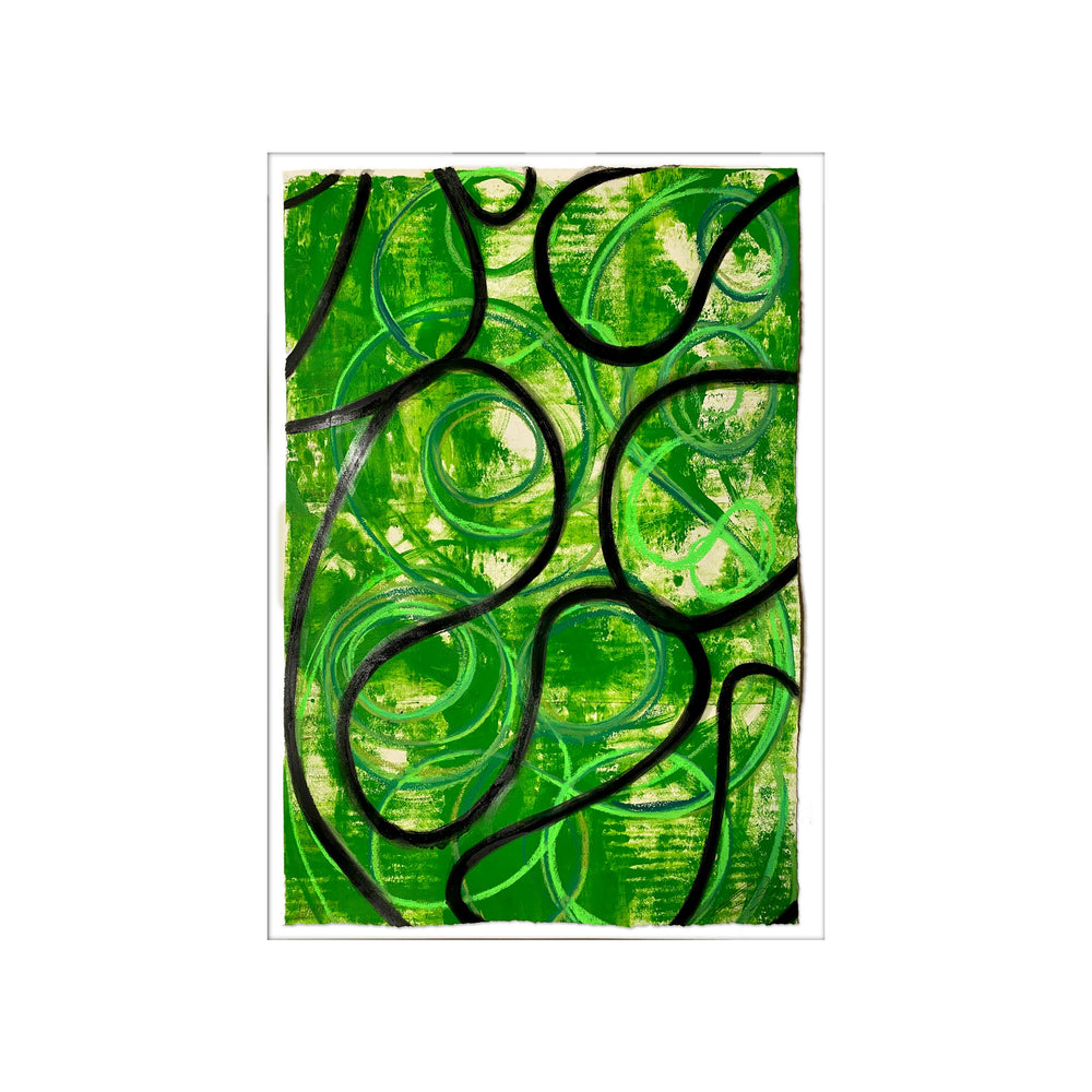 August 29 2020 Green, by Robert Santore ©2020. Framed, hand painted artist proof monoprint, watercolor and gouache on the finest archival hot press cotton rag paper with hand torn edges. Available as a limited edition giclée.