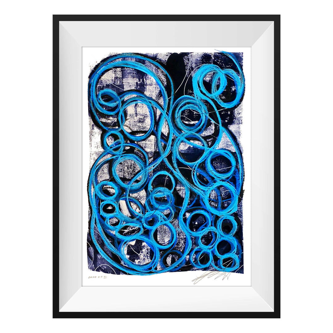 Covid Blue Jelly's No.1, by Robert Santore ©2020. Framed, hand painted artist proof monoprint, watercolor and gouache on the finest archival hot press cotton rag paper with hand torn edges. Available as a limited edition giclée.