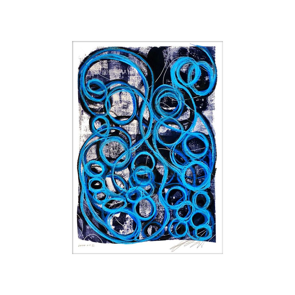 Covid Blue Jelly's No.1, by Robert Santore ©2020. Framed, hand painted artist proof monoprint, watercolor and gouache on the finest archival hot press cotton rag paper with hand torn edges. Available as a limited edition giclée.