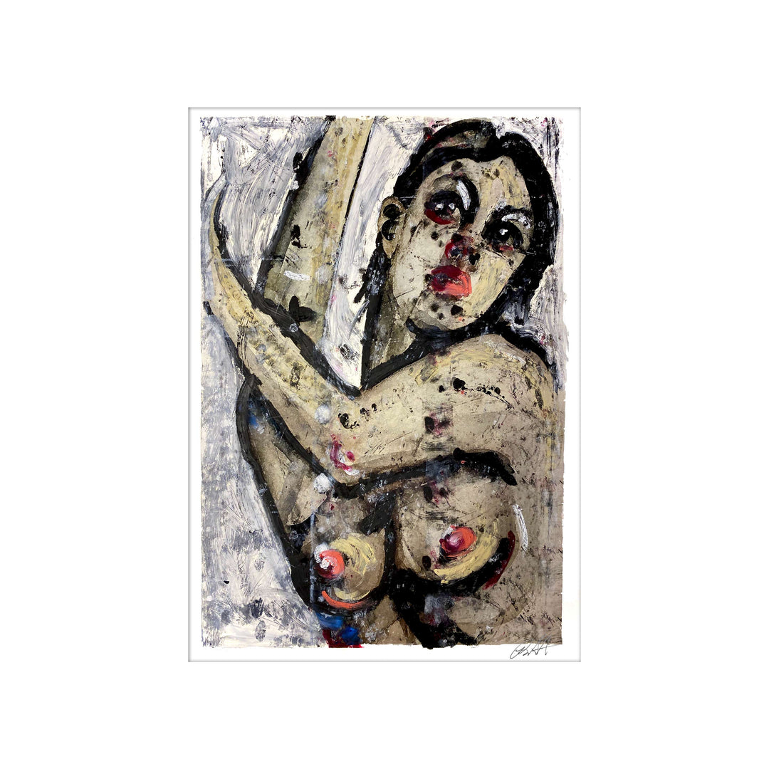 Manhattan COVID Nude No 5 V1, by Robert Santore ©2020. Framed & unframed, hand painted artist proof monoprint, watercolor and gouache on the finest archival hot press cotton rag paper with hand torn edges. Available as a limited edition giclée
