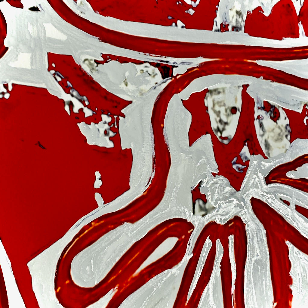 "Tavarua Kava Ghosts Red No 2" 2021© by Robert Santore | Hand painted limited edition mono-print on the finest archival hot press cotton rag paper with hand torn edges. Each one is slightly different and is an original on it's own. Painted the Texas studio.