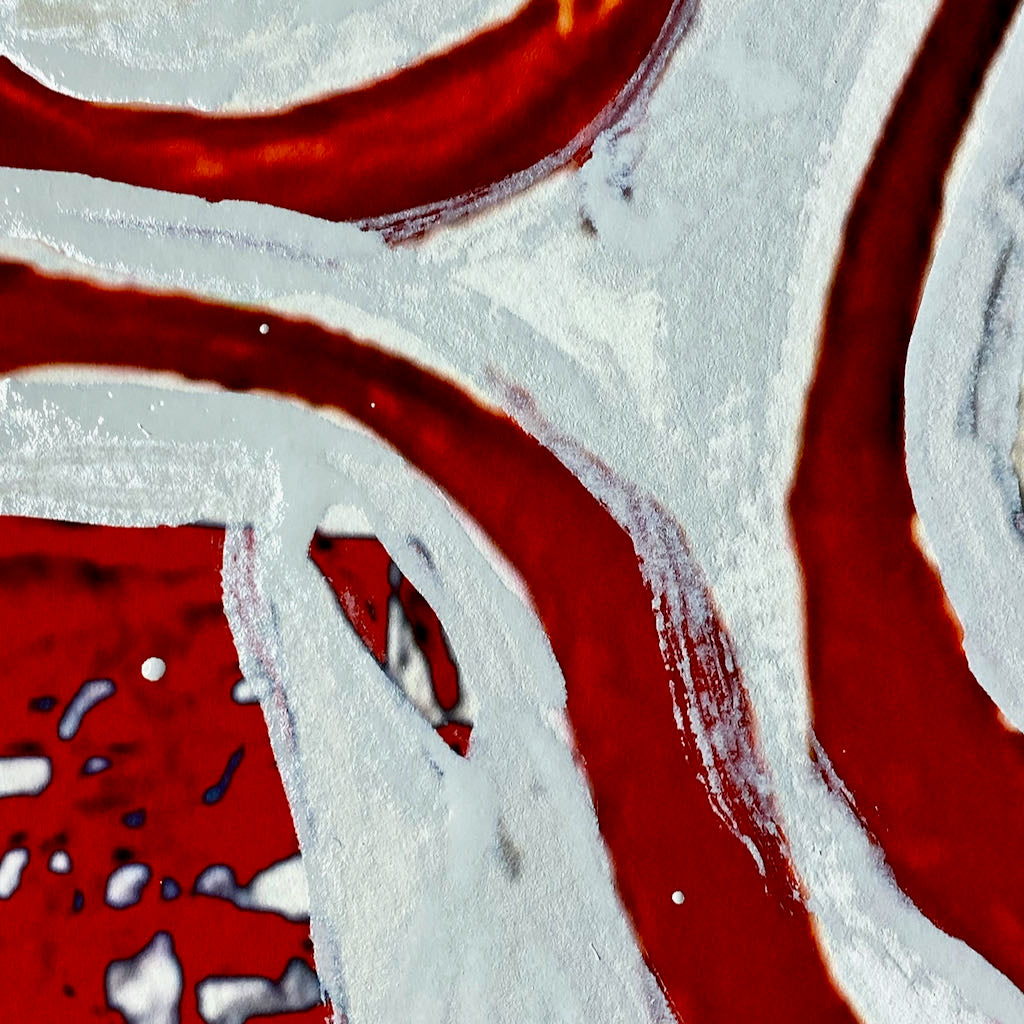 "Tavarua Kava Ghosts Red No 2" 2021© by Robert Santore | Hand painted limited edition mono-print on the finest archival hot press cotton rag paper with hand torn edges. Each one is slightly different and is an original on it's own. Painted the Texas studio.