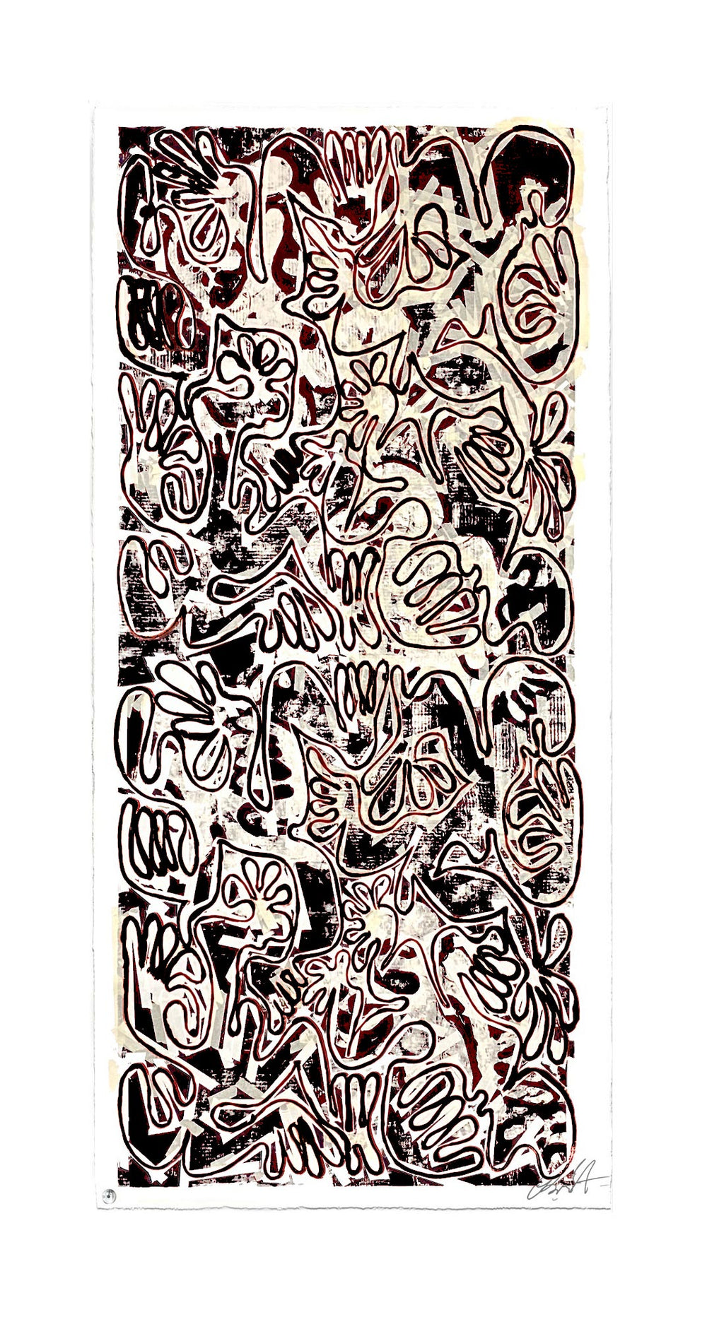 "Covid Chaos Eggplant (40 x 100in)" by Robert Santore ©2022. Framed, Hand painted artist silkscreen print, hand printed on the finest archival cold press cotton rag paper with hand torn edges. Painted in the Manhattan studio.
