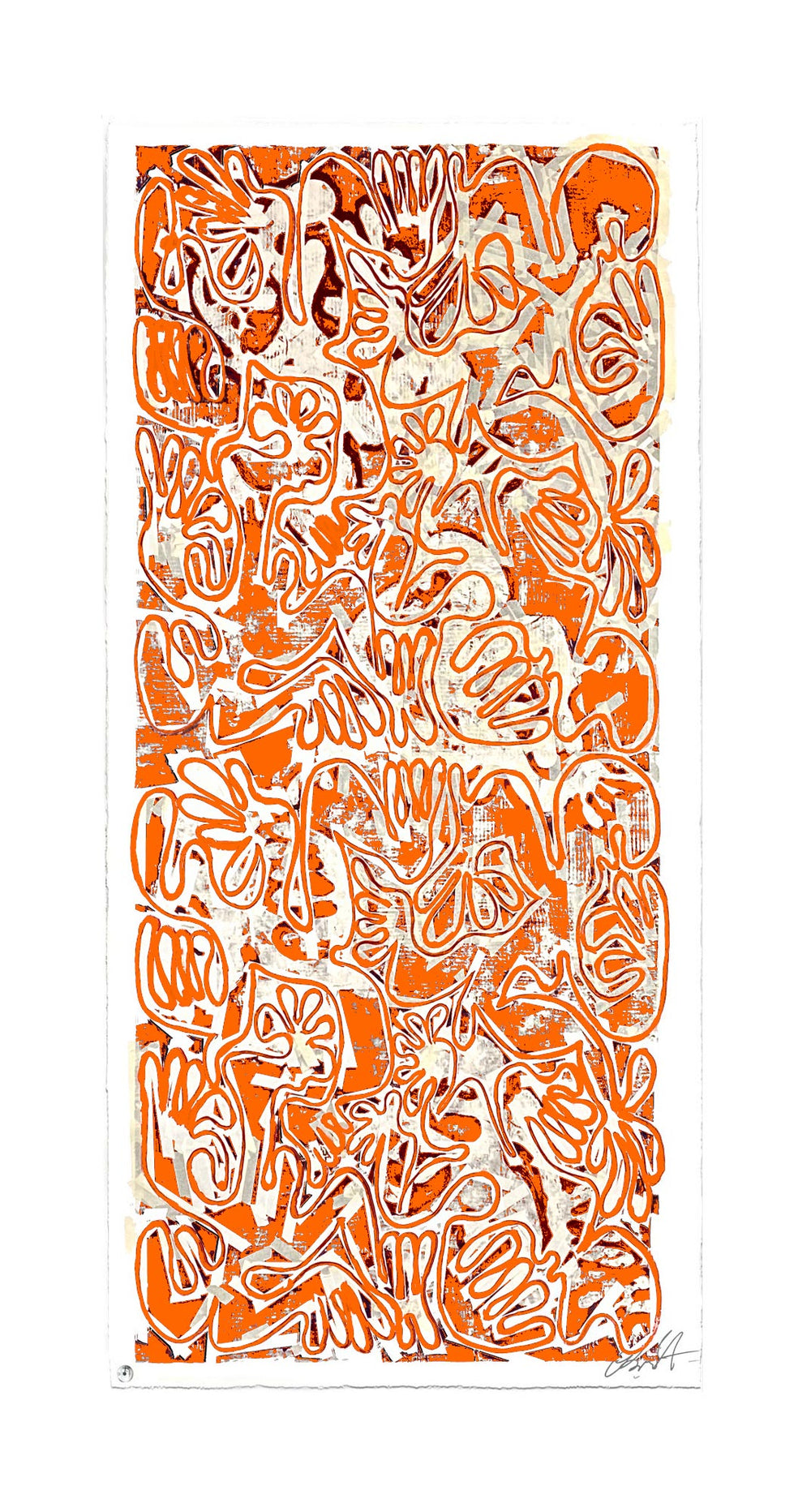 "Covid Hermés Orange (40 x 100in)" by Robert Santore ©2022. Framed, Hand painted artist silkscreen print, hand printed on the finest archival cold press cotton rag paper with hand torn edges. Painted in the Manhattan studio.