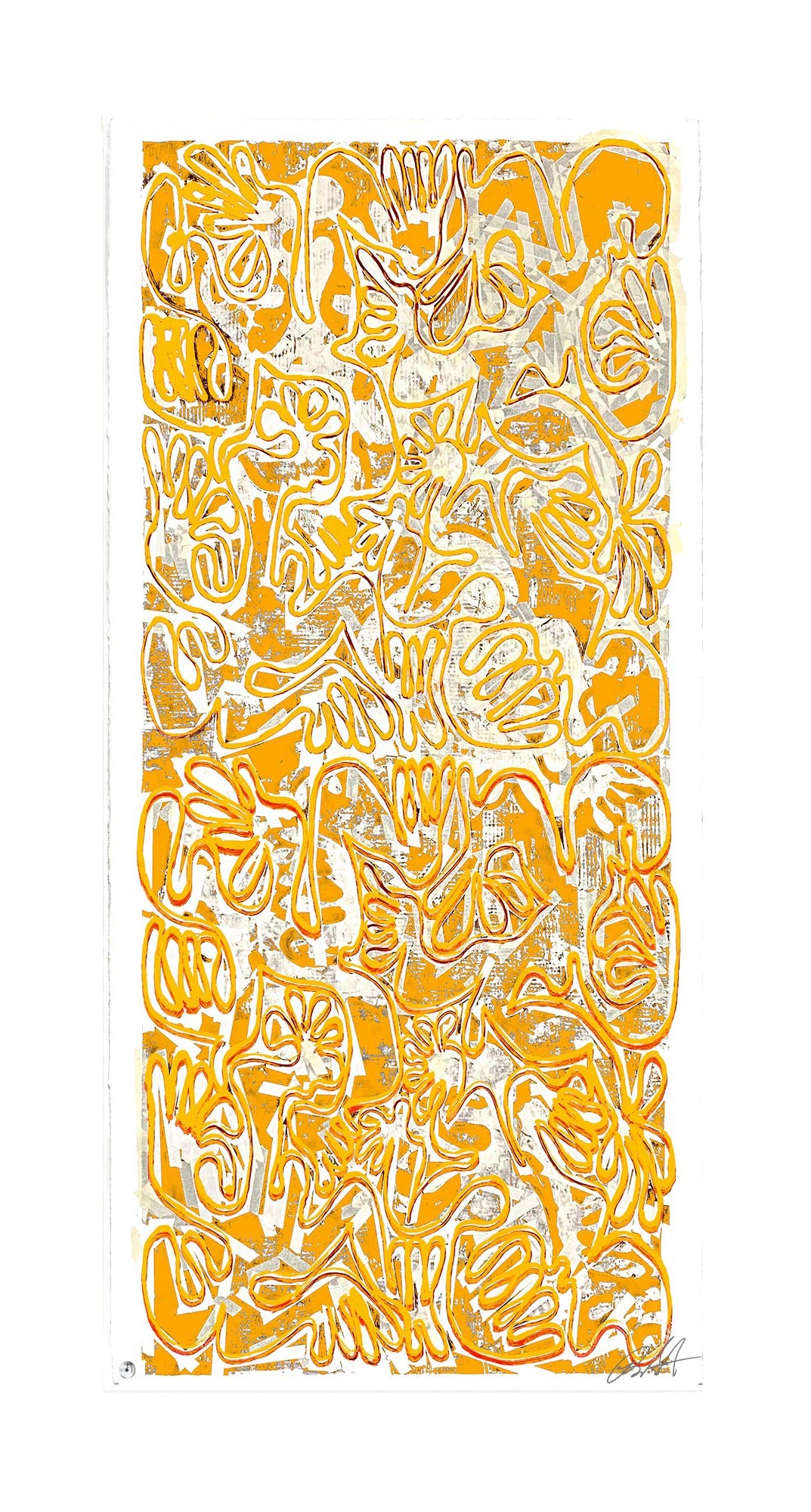 "COVID CHAOS Versace Gold No 1" by Robert Santore ©2021. Framed, Hand painted artist silkscreen print, hand printed on the finest archival cold press cotton rag paper with hand torn edges. Painted in the Texas studio.
