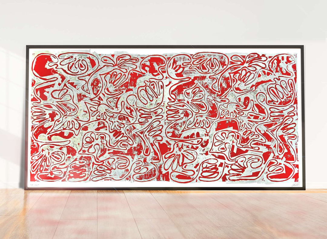 "Tavarua Kava Ghosts Red No 2" 2021© by Robert Santore | Hand painted limited edition mono-print on the finest archival hot press cotton rag paper with hand torn edges. Each one is slightly different and is an original on it's own. Painted the Texas studio.