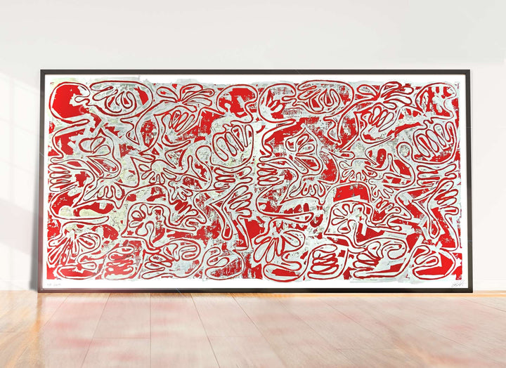 "Tavarua Kava Ghosts Red No 2" 2021© by Robert Santore | Hand painted limited edition mono-print on the finest archival hot press cotton rag paper with hand torn edges. Each one is slightly different and is an original on it's own. Painted the Texas studio.