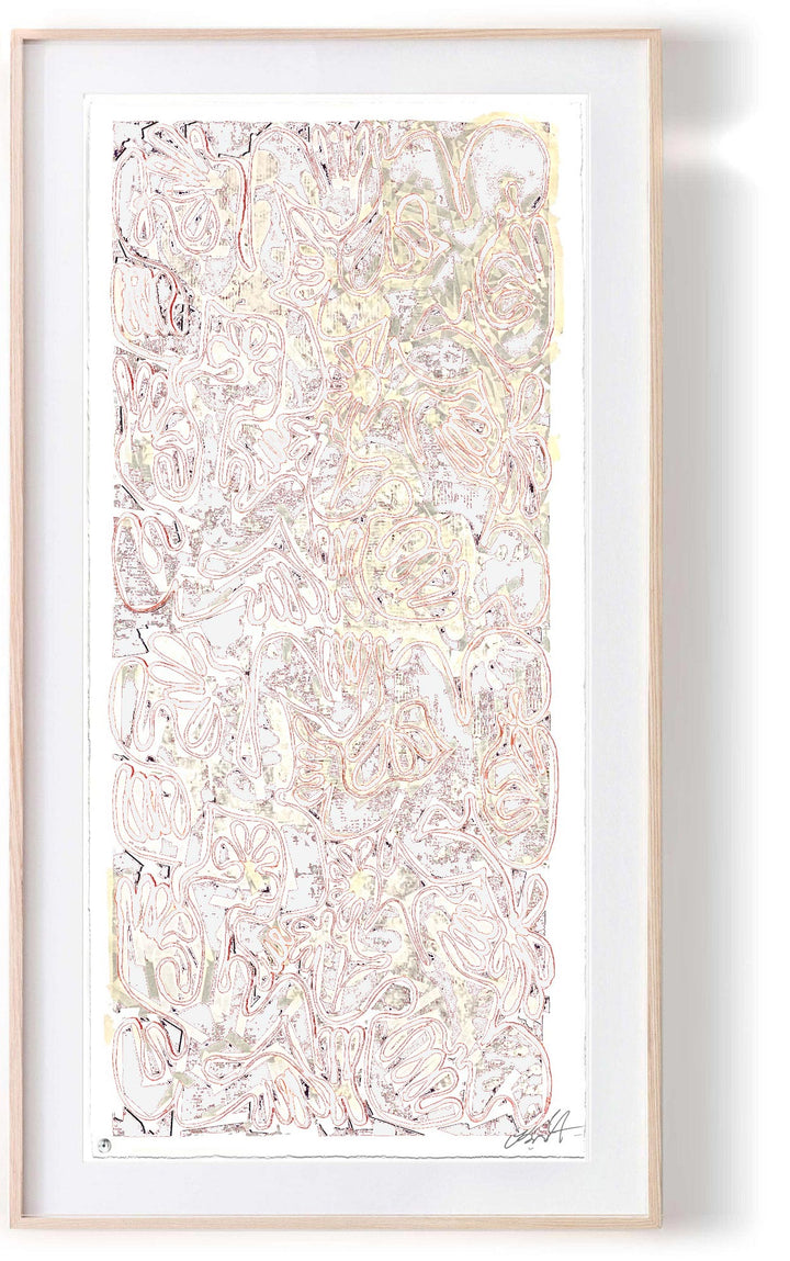 "Covid Chaos Louis Vuitton Snow No 1" by Robert Santore ©2021. Framed, Hand painted artist silkscreen print, hand printed on the finest archival cold press cotton rag paper with hand torn edges. Painted in the Texas studio.