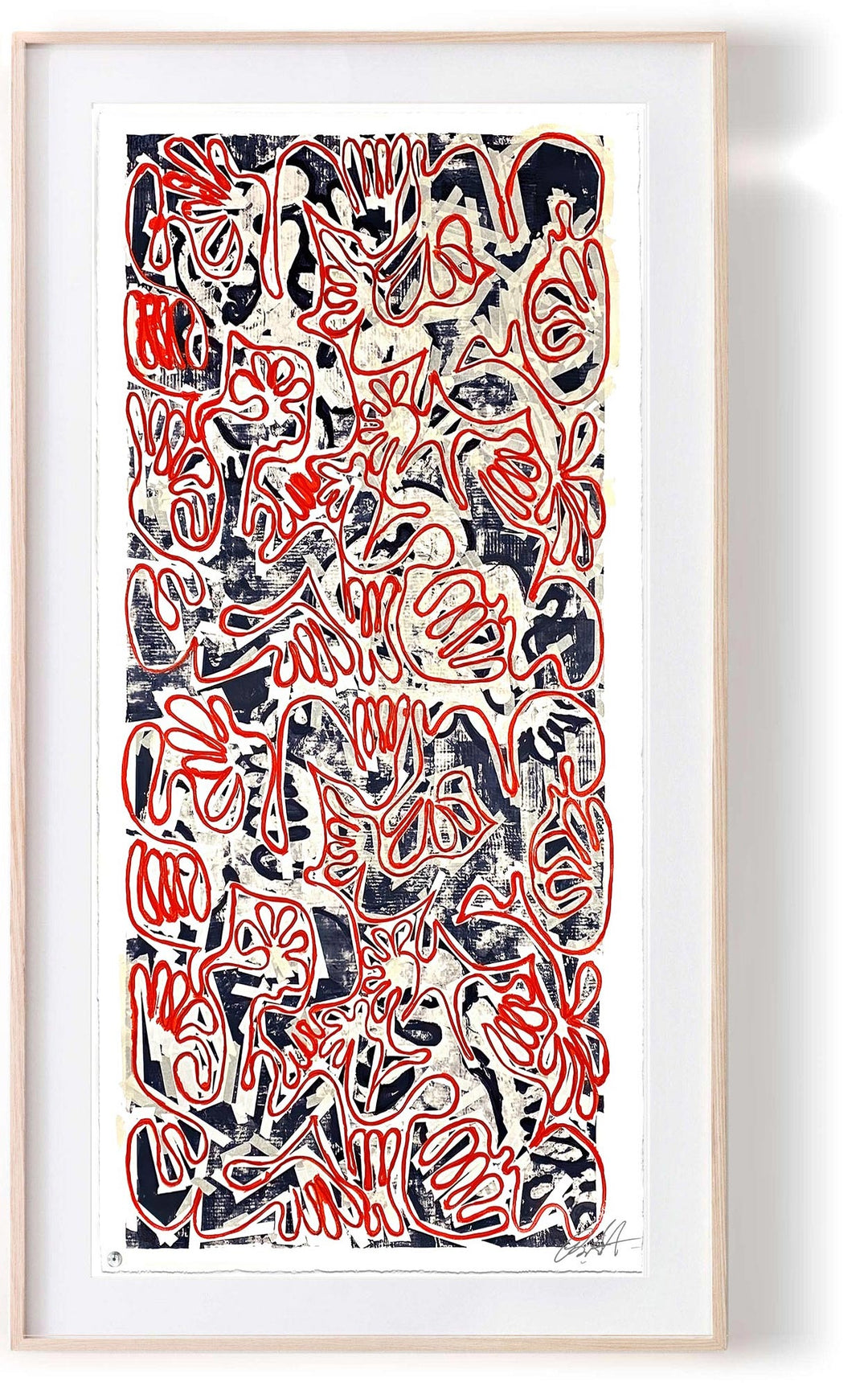 "Covid Chaos Red White & Blue (40 x 100in)" by Robert Santore ©2022. Framed, Hand painted artist silkscreen print, hand printed on the finest archival cold press cotton rag paper with hand torn edges. Painted in the Manhattan studio.