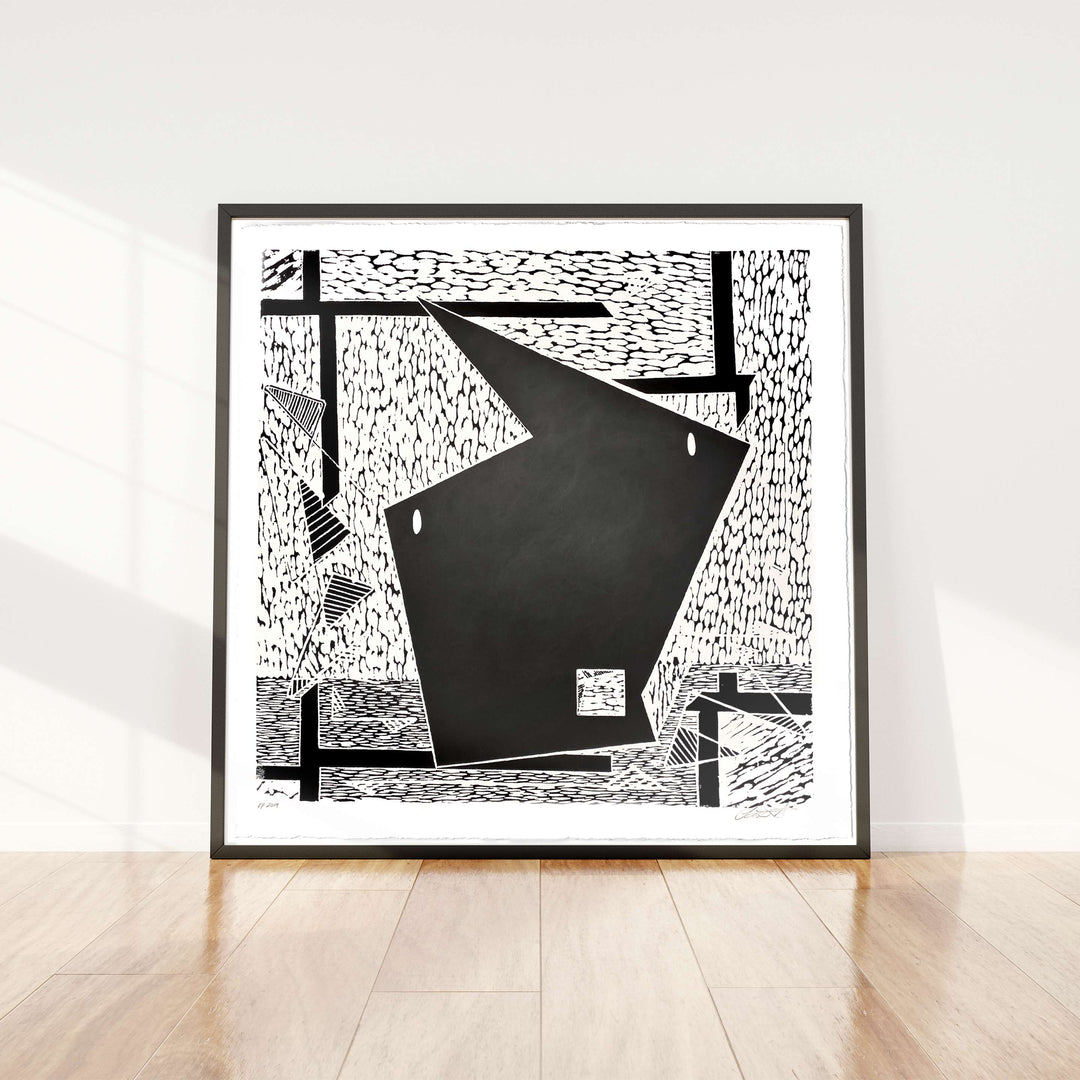 Man Rabbit House Giant Woodblock No1 ©2020 Robert Santore | Giant woodblock print printed archival cold press cotton rag watercolor paper with hand torn edges. Painted in the Texas Studio.