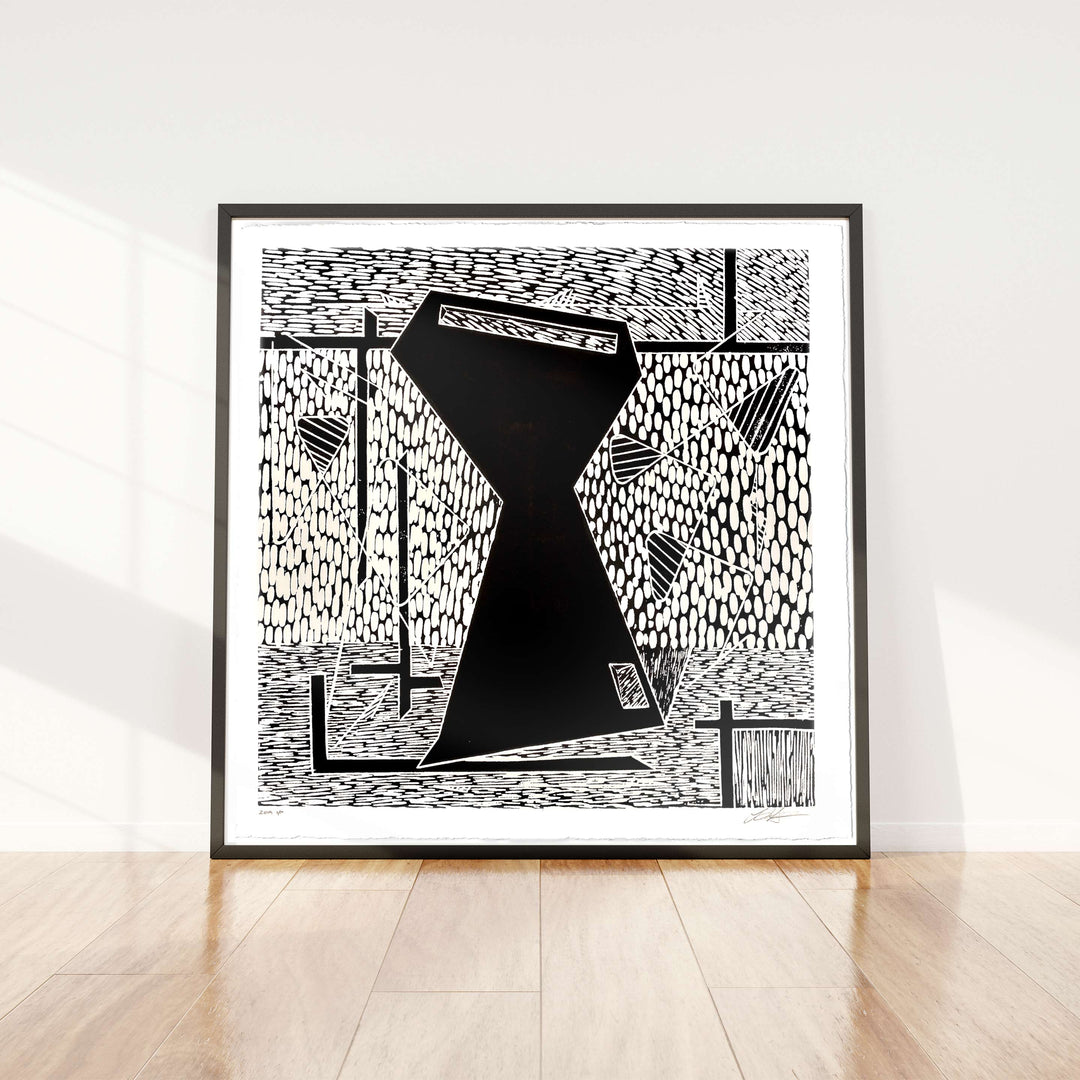 Man Rabbit House Giant Woodblock No2 ©2020 Robert Santore | Giant woodblock print printed archival cold press cotton rag watercolor paper with hand torn edges. Painted in the Texas Studio.