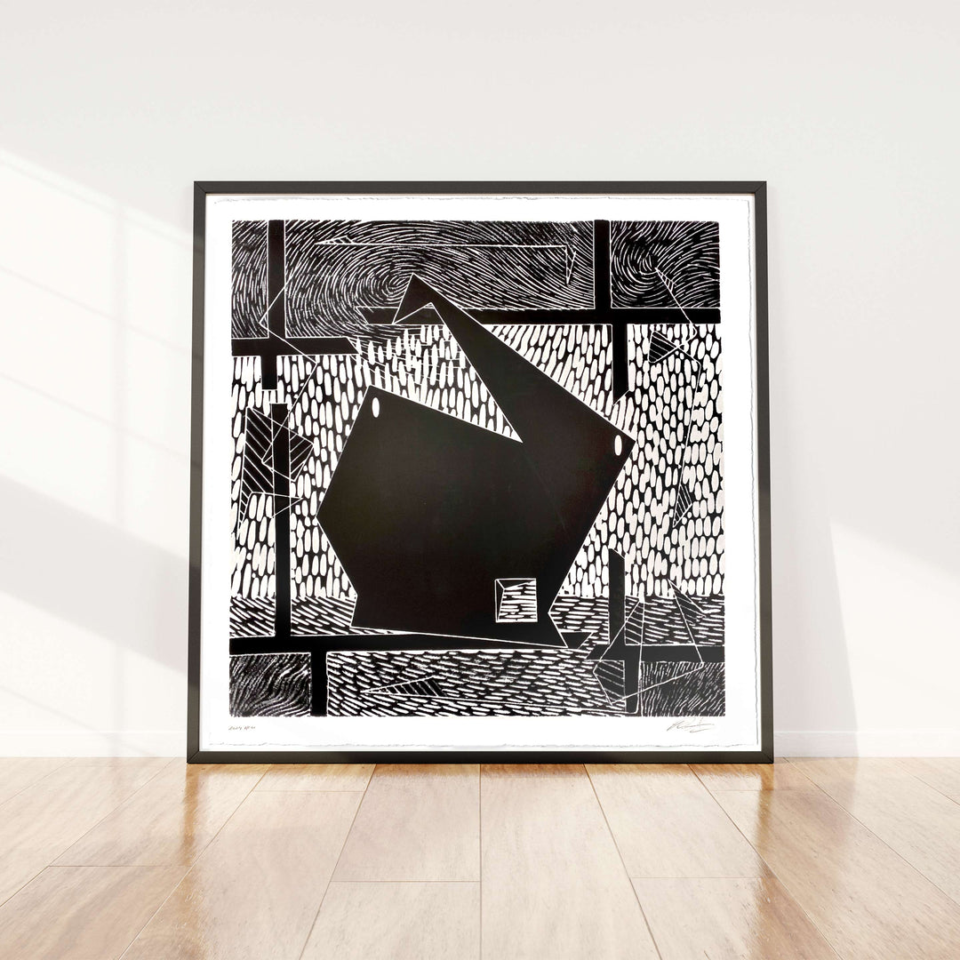 Man Rabbit House Giant Woodblock No3 ©2020 Robert Santore | Giant woodblock print printed archival cold press cotton rag watercolor paper with hand torn edges. Painted in the Texas Studio.