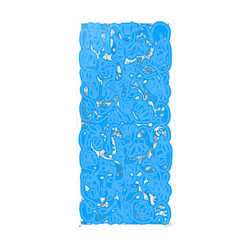 "PAN AM 69" Blue No 1 by Robert Santore ©2021. Framed, Hand painted artist silkscreen print, hand printed on the finest archival cold press cotton rag paper with hand torn edges. Painted in the Texas studio.