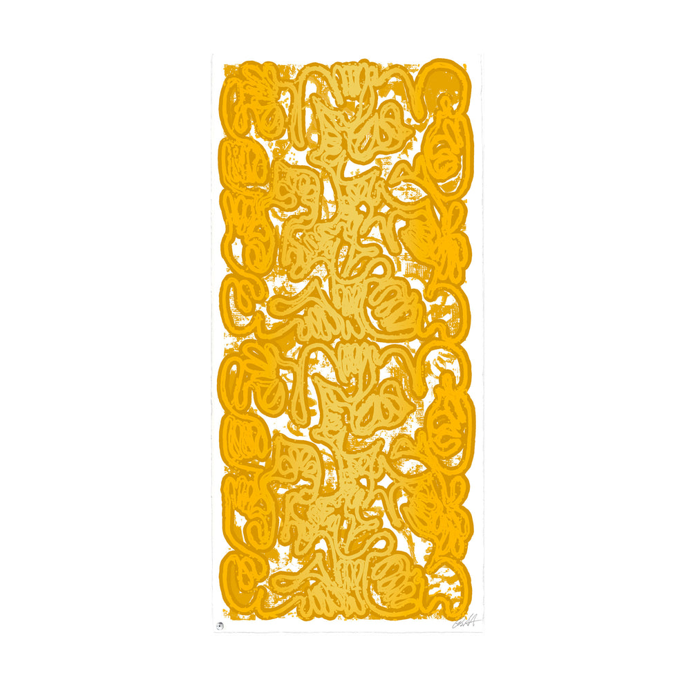 "PAN AM 69 Versace Gold No 1" by Robert Santore ©2021. Framed, Hand painted artist silkscreen print, hand printed on the finest archival cold press cotton rag paper with hand torn edges. Painted in the Texas studio.