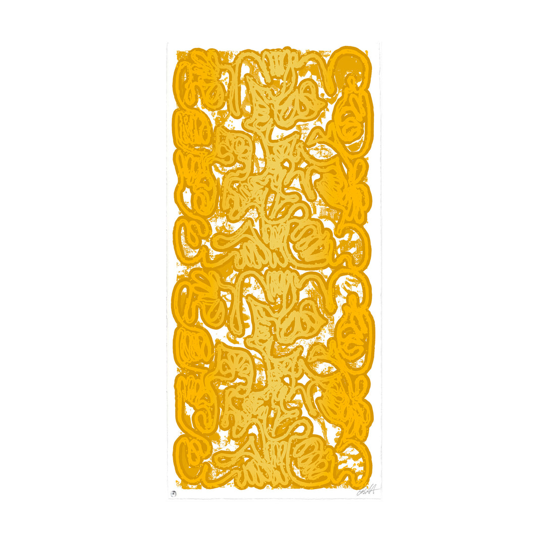"PAN AM 69 Versace Gold No 1" by Robert Santore ©2021. Framed, Hand painted artist silkscreen print, hand printed on the finest archival cold press cotton rag paper with hand torn edges. Painted in the Texas studio.