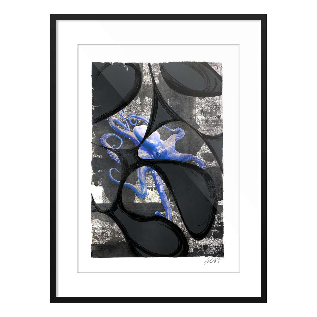 South Street Seaport Octopus, by Robert Santore ©2020. Framed, hand painted artist proof monoprint, watercolor and gouache on the finest archival hot press cotton rag paper with hand torn edges. Available as a limited edition giclée.