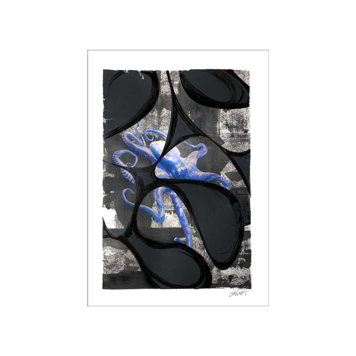 South Street Seaport Octopus, by Robert Santore ©2020. Framed, hand painted artist proof monoprint, watercolor and gouache on the finest archival hot press cotton rag paper with hand torn edges. Available as a limited edition giclée.