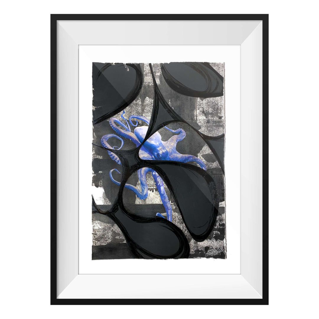 South Street Seaport Octopus, by Robert Santore ©2020. Framed, hand painted artist proof monoprint, watercolor and gouache on the finest archival hot press cotton rag paper with hand torn edges. Available as a limited edition giclée.