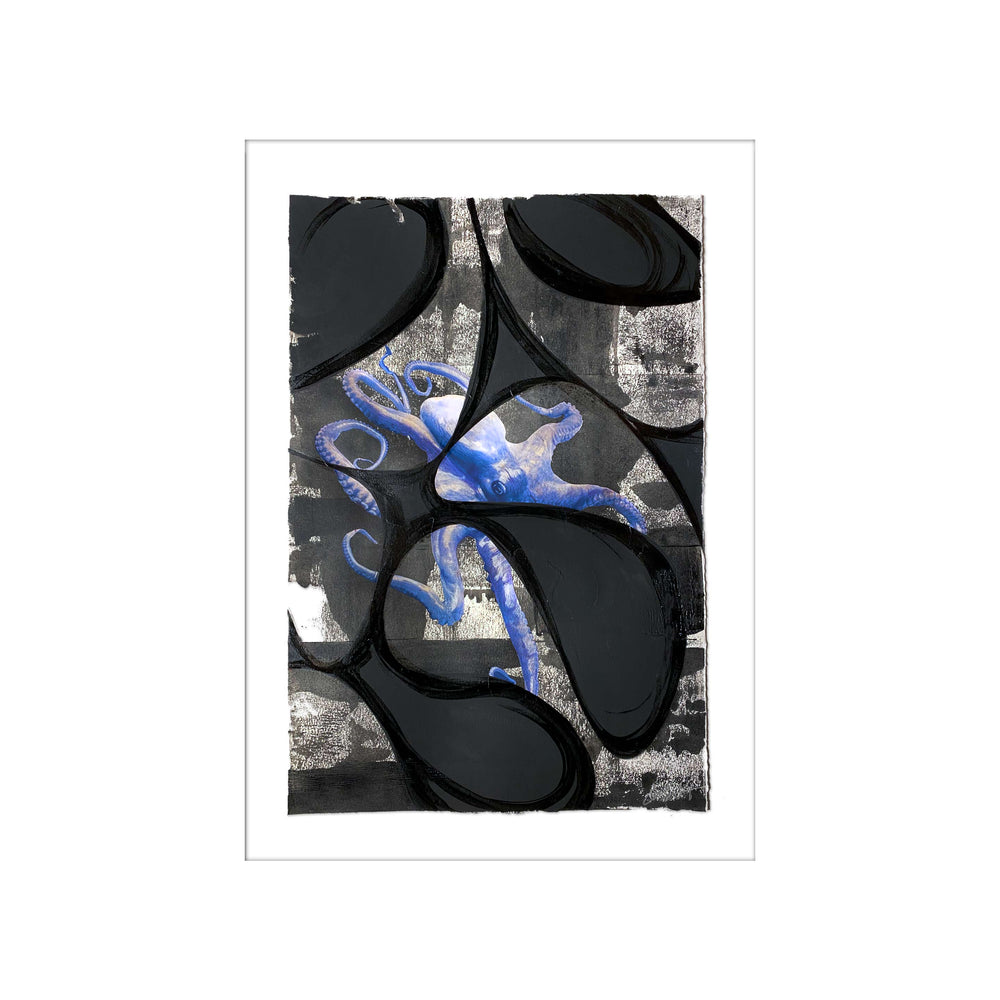 South Street Seaport Octopus, by Robert Santore ©2020. Framed, hand painted artist proof monoprint, watercolor and gouache on the finest archival hot press cotton rag paper with hand torn edges. Available as a limited edition giclée.