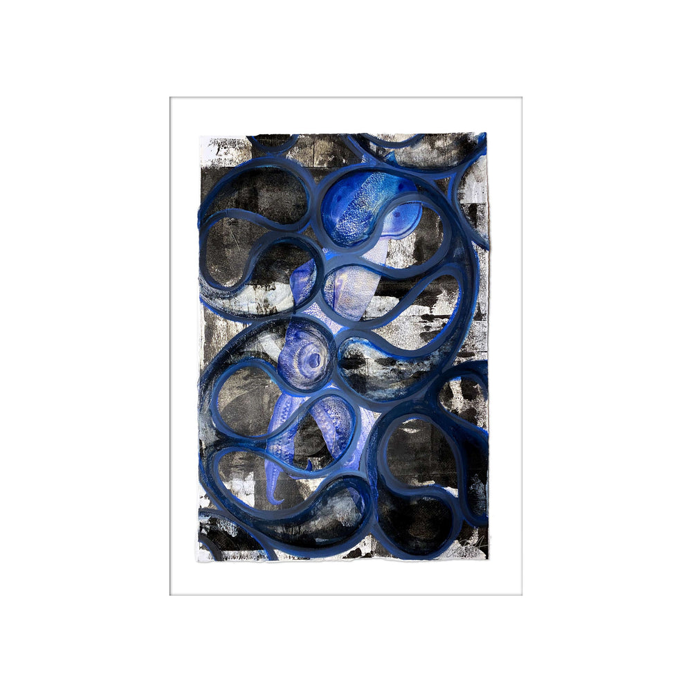 South Street Seaport Squid, by Robert Santore ©2020. Framed, hand painted artist proof monoprint, watercolor and gouache on the finest archival hot press cotton rag paper with hand torn edges. Available as a limited edition giclée.