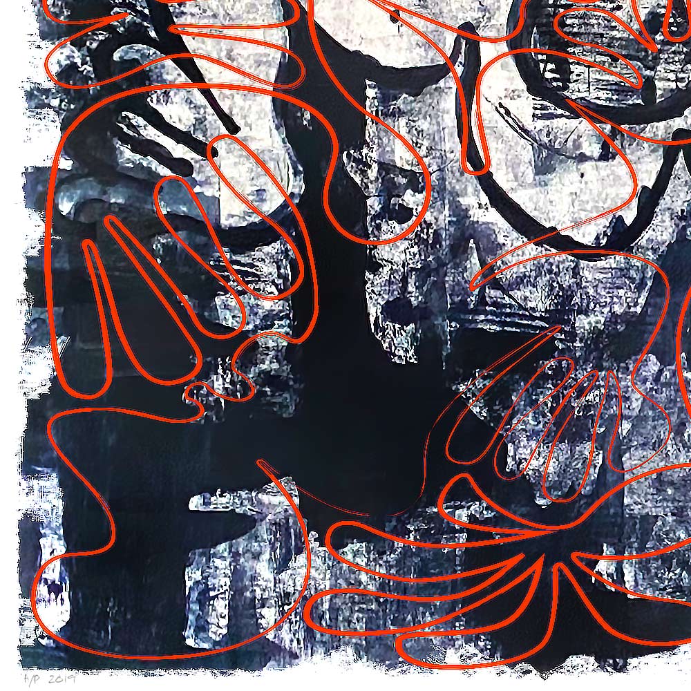 "Tavarua Kava Ghosts: Detail" 2019© by Robert Santore | Hand painted limited edition mono-print on the finest archival hot press cotton rag paper with hand torn edges. Each one is slightly different and is an original on it's own. First painted in 2019 in the Texas studio ending in January of 2021.