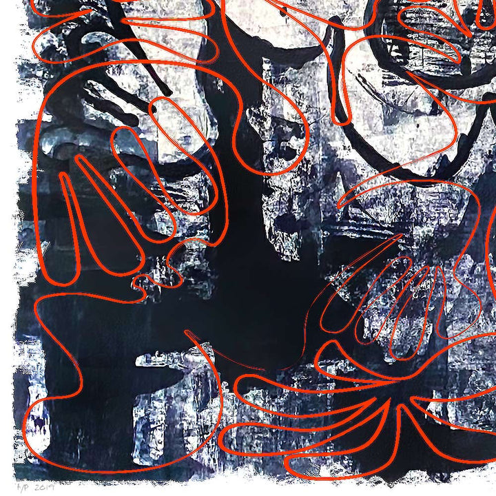 "Tavarua Kava Ghosts: Detail" 2019© by Robert Santore | Hand painted limited edition mono-print on the finest archival hot press cotton rag paper with hand torn edges. Each one is slightly different and is an original on it's own. First painted in 2019 in the Texas studio ending in January of 2021.