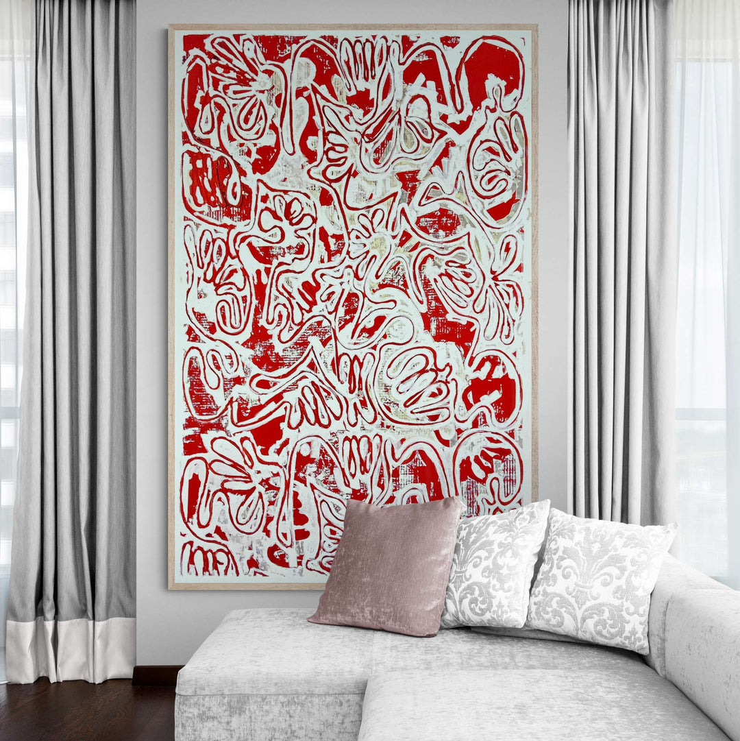 "Tavarua Kava Ghosts Red No 1" 2021© by Robert Santore | Hand painted limited edition mono-print on the finest archival hot press cotton rag paper with hand torn edges. Each one is slightly different and is an original on it's own. Painted the Texas studio.