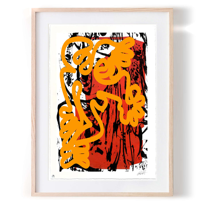 Berlin Wall 2021 Orange/Red No 1 by Robert Santore ©2021. Framed, Hand painted artist wood block print, hand printed on the finest archival hot press cotton rag oil paper with hand torn edges. Painted in the Texas studio.