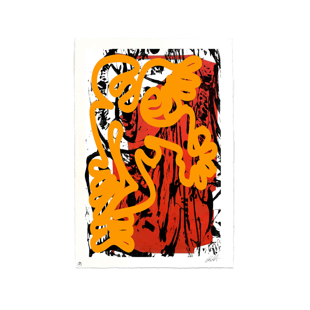 Berlin Wall 2021 Orange/Red No 1 by Robert Santore ©2021. Unframed, Hand painted artist wood block print, hand printed on the finest archival hot press cotton rag oil paper with hand torn edges. Painted in the Texas studio.
