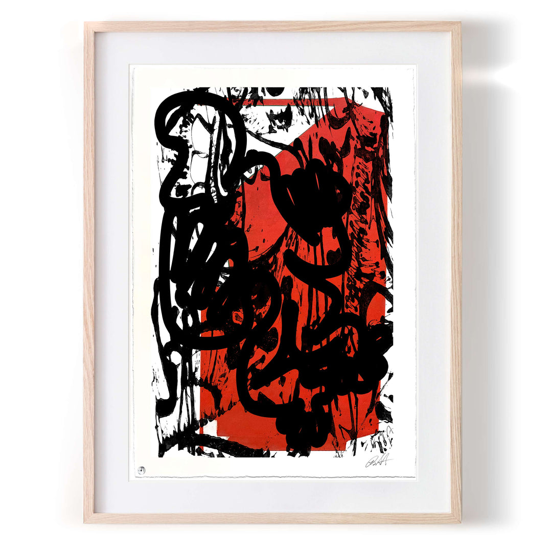 Berlin Wall 2021 Red/Black No 1 by Robert Santore ©2021. Framed, Hand painted artist wood block print, hand printed on the finest archival hot press cotton rag oil paper with hand torn edges. Painted in the Texas studio.