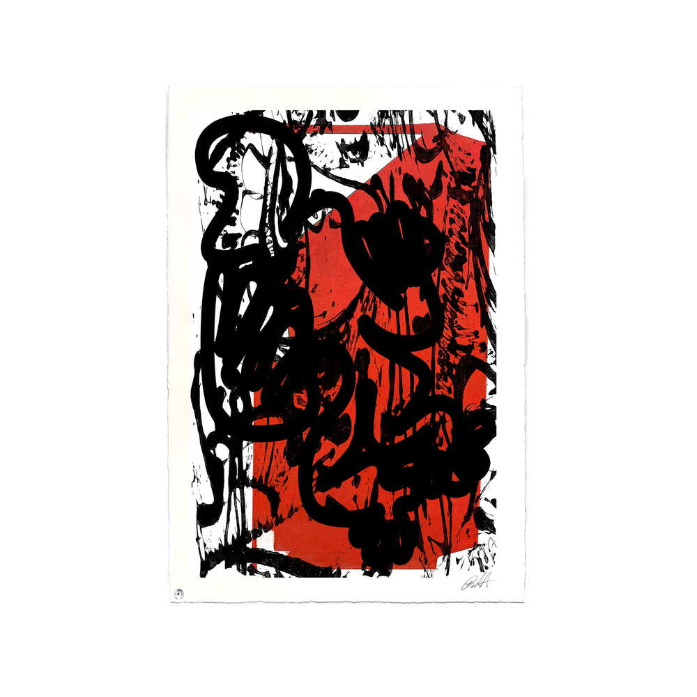 Berlin Wall 2021 Red/Black No 1 by Robert Santore ©2021. Unframed, Hand painted artist wood block print, hand printed on the finest archival hot press cotton rag oil paper with hand torn edges. Painted in the Texas studio.