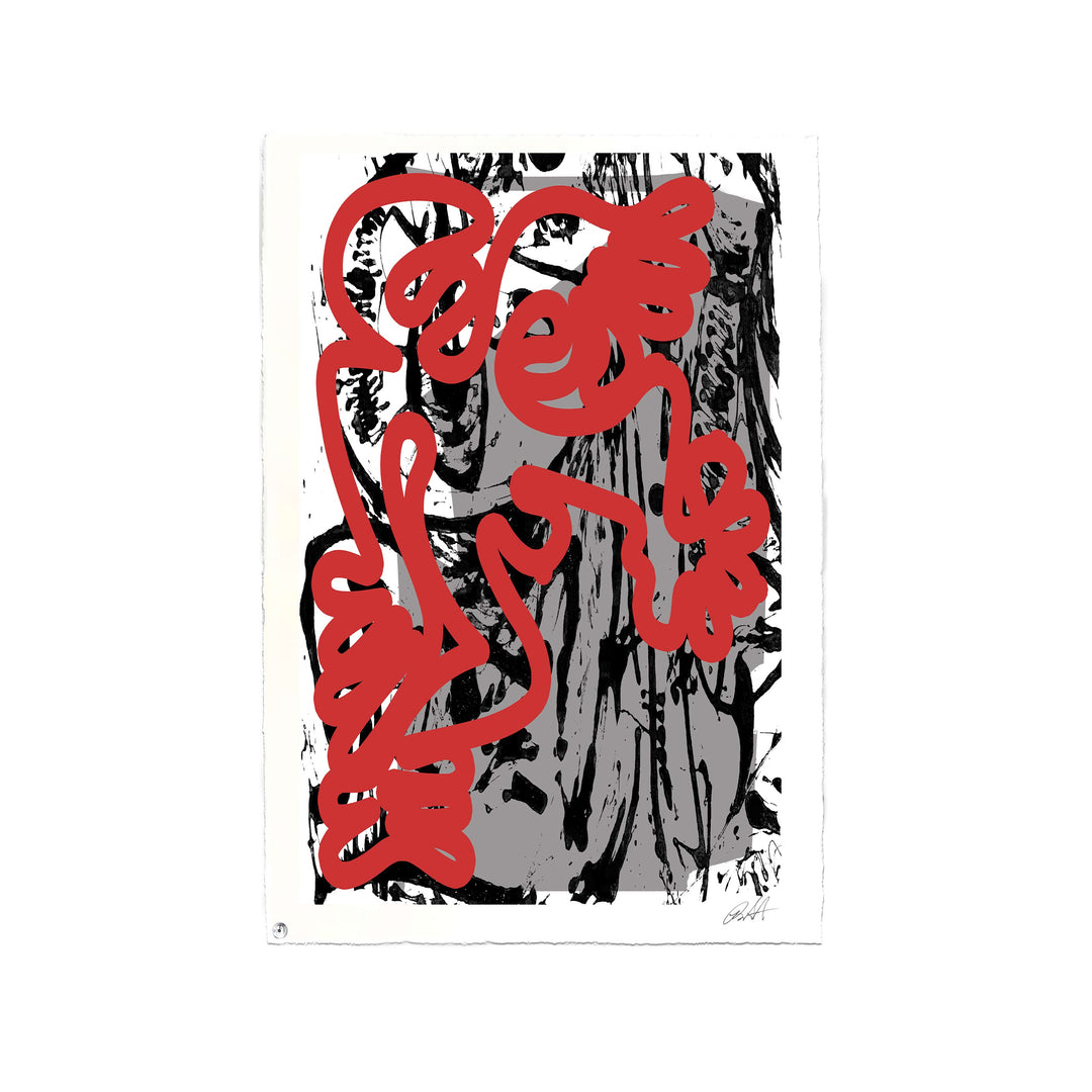 Berlin Wall 2021 Red/Gray No 1 by Robert Santore ©2021. Framed, Hand painted artist wood block print, hand printed on the finest archival hot press cotton rag oil paper with hand torn edges. Painted in the Texas studio.