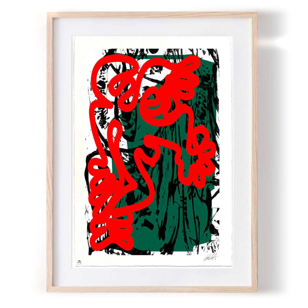 Berlin Wall 2021 Red/Green No 1 by Robert Santore ©2021. Framed, Hand painted artist wood block print, hand printed on the finest archival hot press cotton rag oil paper with hand torn edges. Painted in the Texas studio.