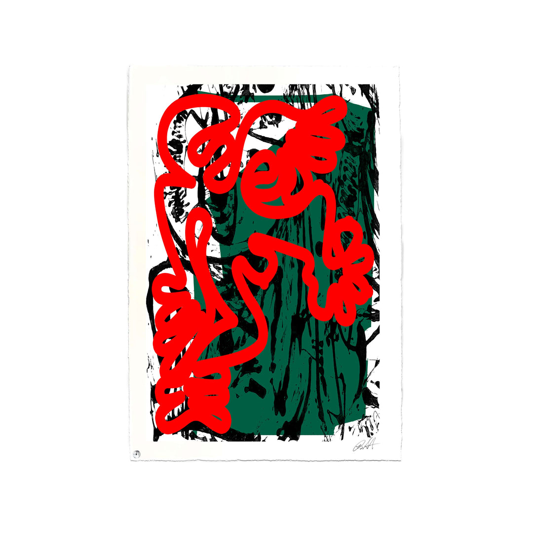 Berlin Wall 2021 Red/Green No 1 by Robert Santore ©2021. Unframed, Hand painted artist wood block print, hand printed on the finest archival hot press cotton rag oil paper with hand torn edges. Painted in the Texas studio.