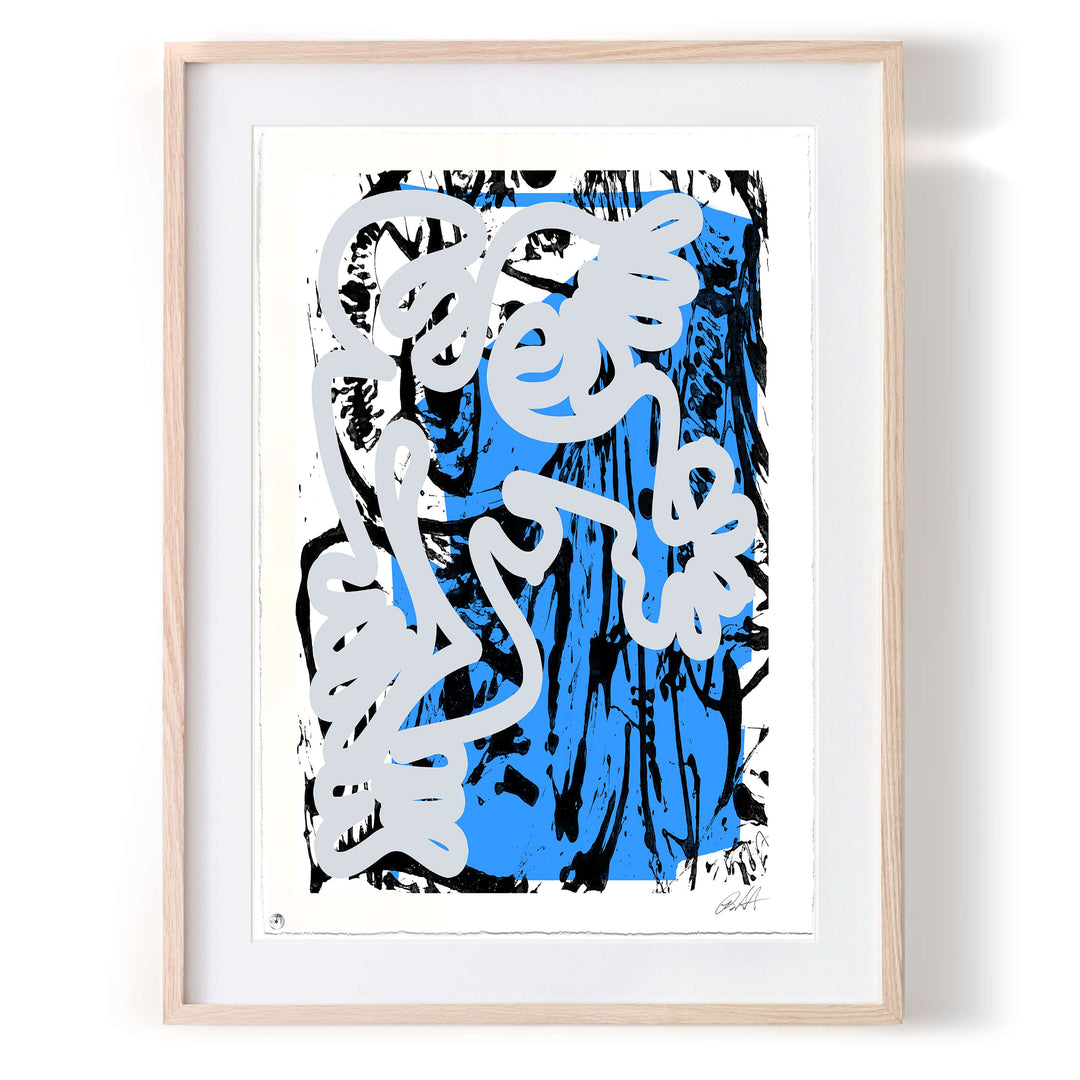Berlin Wall 2021 Light Blue/ Blue No 1 by Robert Santore ©2021. Framed, Hand painted artist wood block print, hand printed on the finest archival hot press cotton rag oil paper with hand torn edges. Painted in the Texas studio.