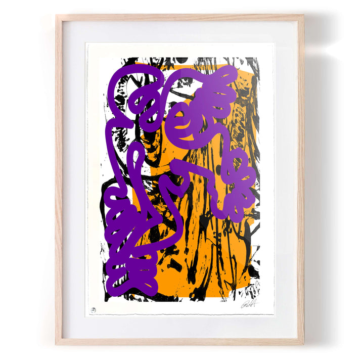 Berlin Wall 2021 Violet/Yellow No 1 by Robert Santore ©2021. Framed, Hand painted artist wood block print, hand printed on the finest archival hot press cotton rag oil paper with hand torn edges. Painted in the Texas studio.