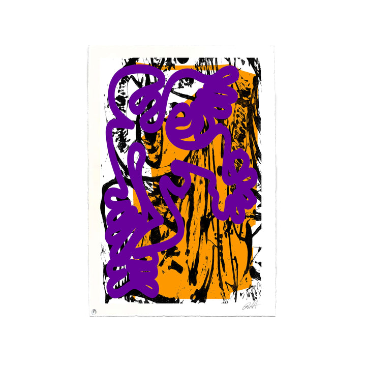 Berlin Wall 2021 Violet/Yellow No 1 by Robert Santore ©2021. Framed, Hand painted artist wood block print, hand printed on the finest archival hot press cotton rag oil paper with hand torn edges. Painted in the Texas studio.