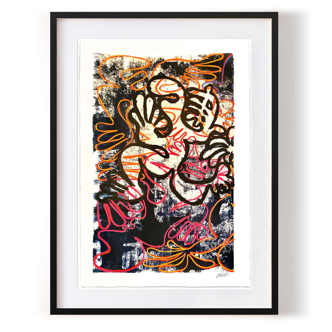 Techno Kava Dancer No1 by Robert Santore ©2020. Framed, hand painted artist proof monoprint, watercolor and gouache on the finest archival hot press cotton rag paper with hand torn edges. Available as a limited edition giclée