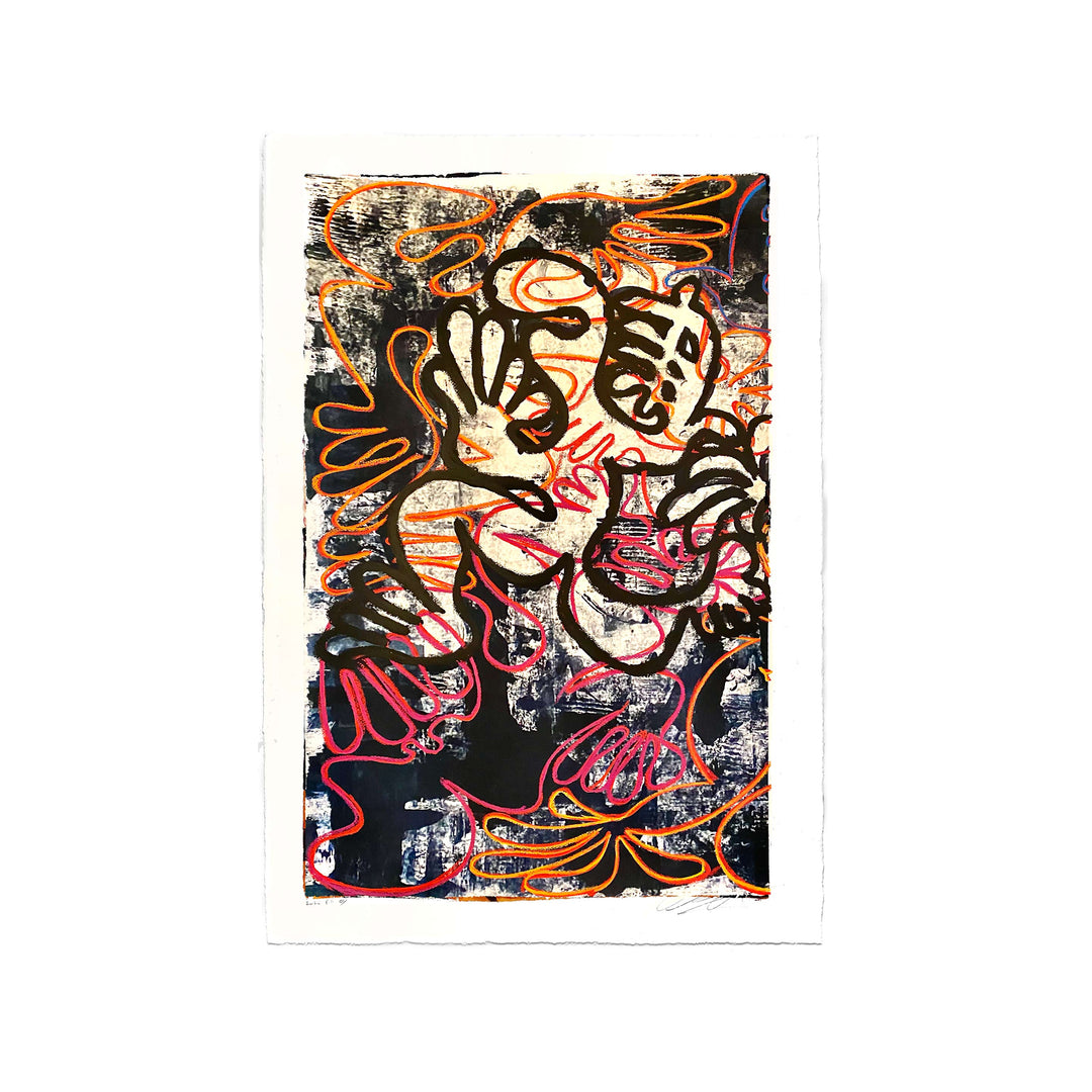 Techno Kava Dancer No1 by Robert Santore ©2020. Framed, hand painted artist proof monoprint, watercolor and gouache on the finest archival hot press cotton rag paper with hand torn edges. Available as a limited edition giclée