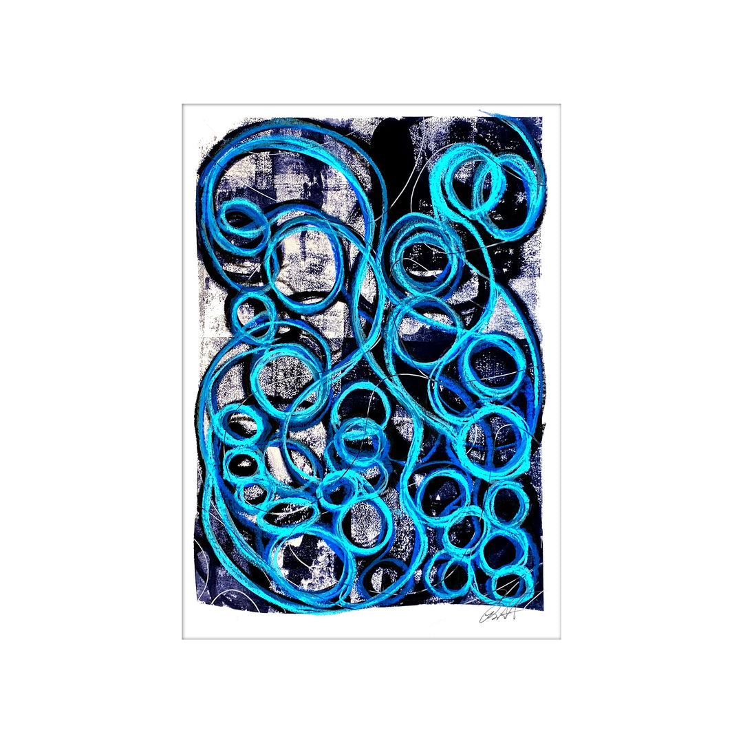Covid Blue Jelly's No.1, by Robert Santore ©2020. Framed, hand painted artist proof monoprint, watercolor and gouache on the finest archival hot press cotton rag paper with hand torn edges. Available as a limited edition giclée.