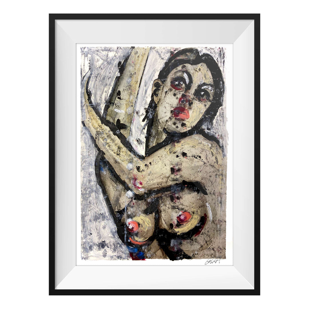 Manhattan COVID Nude No 5 V1, by Robert Santore ©2020. Framed & unframed, hand painted artist proof monoprint, watercolor and gouache on the finest archival hot press cotton rag paper with hand torn edges. Available as a limited edition giclée