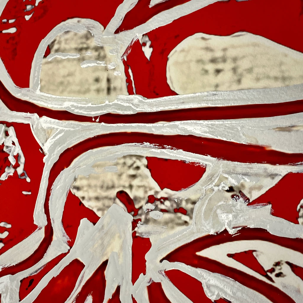 "Tavarua Kava Ghosts Red No 2" 2021© by Robert Santore | Hand painted limited edition mono-print on the finest archival hot press cotton rag paper with hand torn edges. Each one is slightly different and is an original on it's own. Painted the Texas studio.